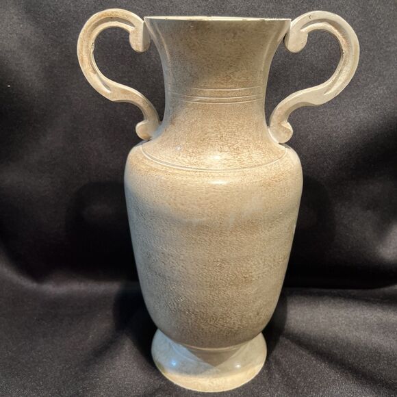 Vintage Double Handle Metal Vase Stone Color Home Accents Decor India Made 9” T - Picture 1 of 13